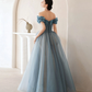 Blue Sweetheart Off Shoulder Tulle Long Prom Dress, Blue Formal Dress Y4255