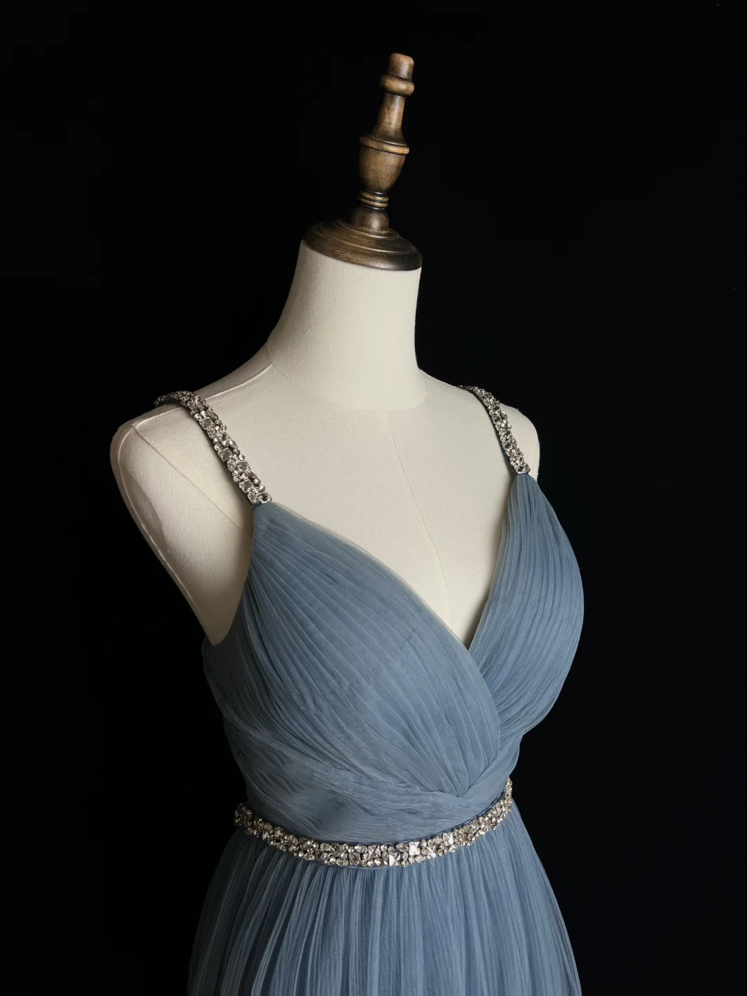 Simple Blue Tulle Beaded A Line Evening Dress,Spaghetti Straps V Neck Prom Dress Y8649