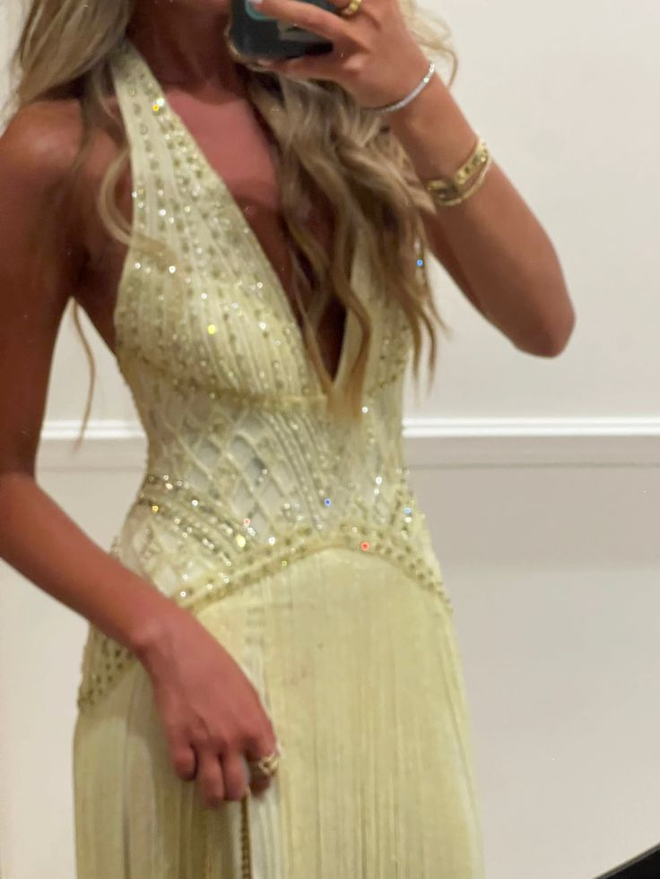 Glamorous Yellow Halter Beaded Tassel Long Birthday Prom Gown Party Dress SP1116