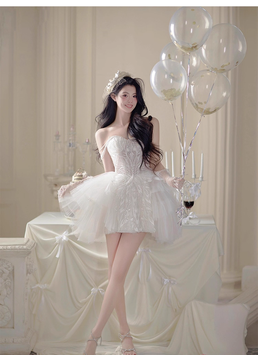Pretty White Tulle Lace Short Formal 18th Birthday Outfits Homecoming Dress With Gloves Y9364