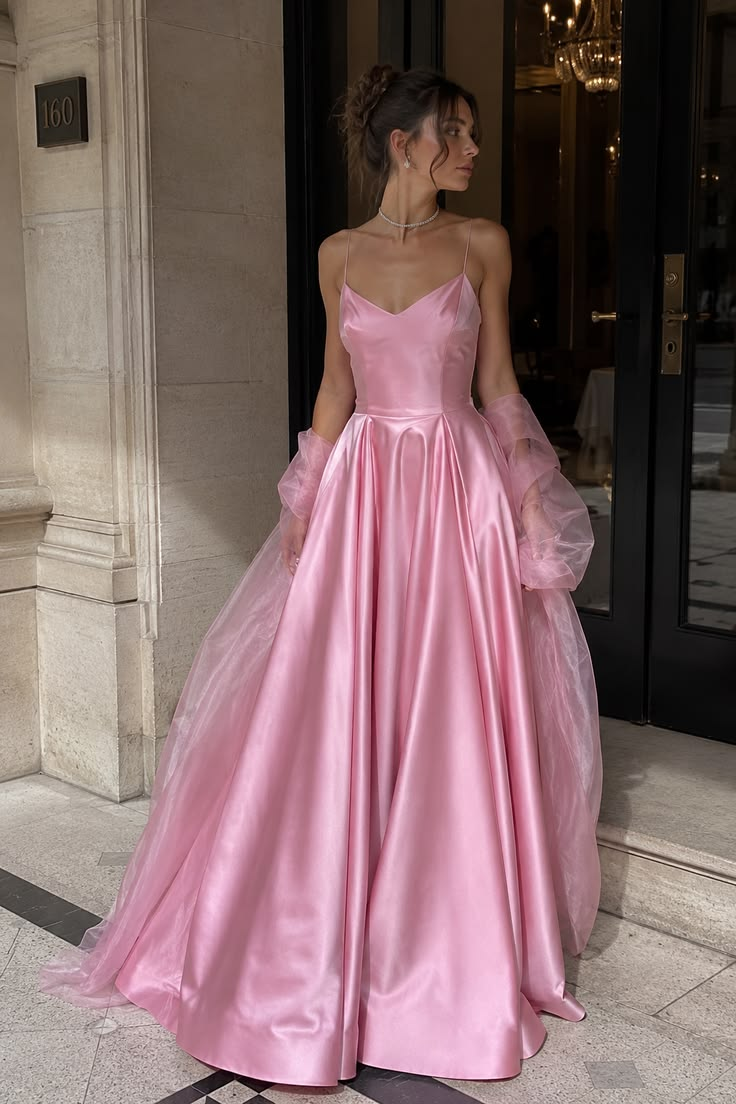 Simple Spaghetti Straps V Neck Satin Long Wedding Guest Dress Pink Long Party Dress SP3748