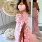 Chic Pink Strapless Long Prom Dress with 3D Flowers Y2723