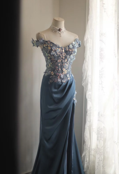 Elegant Blue Off The Shoulder Satin Sequin Appliques Mermaid Evening Dress Silt Long Wedding Guest Dress SP1211