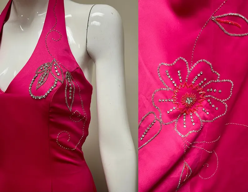 Fashion Hot Pink Halter Satin Beaded mermaid Long Evening Dress Formal Birthday Prom Dress SP1360