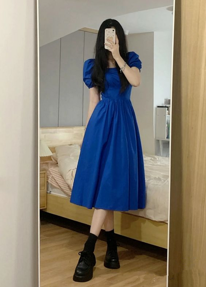 Royal Blue A-line Puff Sleeves Midi-length Prom Dress Y6069 – Simplepromdress
