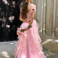 Pink Off Shoulder Fluffy Lace Appliques Floral Long Prom Dress,Evening Dress Y7846