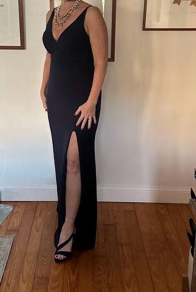 Classy V Neck Black Sleeveless Satin Prom Dress,Side Slit Party Evening Dress Y8456