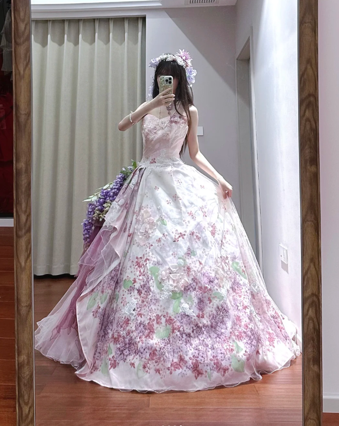 Sweet Strapless Satin Print Floral Long Ball Gown Pink Quinceanera Dress SP1187