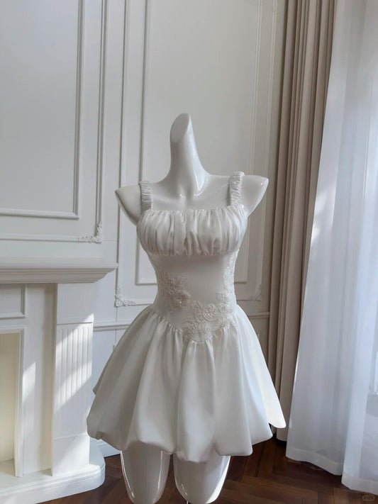 Classy Spaghetti Straps Satin A Line Short Graduation Homecoming Dress,White 16th Birthday Outfits SP2602