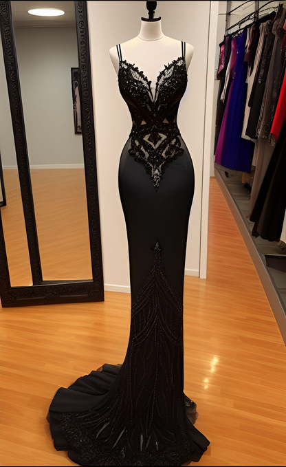 Sexy Black Spaghetti Straps Evening Dress,Black Formal Dress Y4390