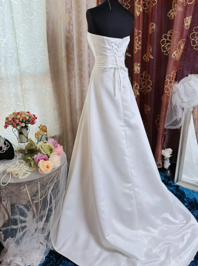 Elegant Strapless Satin Mermaid White Long Wedding Dress Bridal Dress SP1953