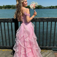 Pink Off Shoulder Fluffy Lace Appliques Floral Long Prom Dress,Evening Dress Y7846