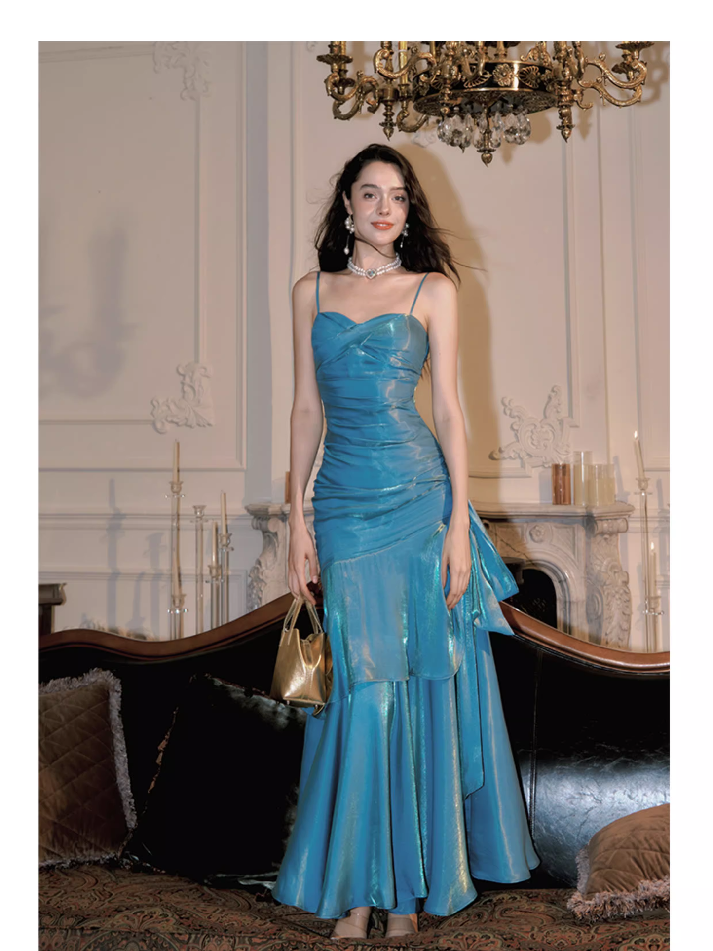 Elegant Spaghetti Straps Blue Satin Pleated Ruffles Layered Mermaid Long Party Dress 19th Birthday Outfits SP1978