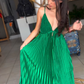 Green Spaghetti Straps Pleated V Neck Party Prom Dress A Line Evening Gown Y7958