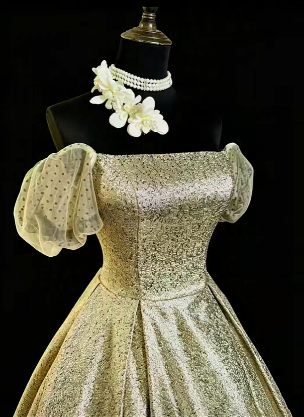 Gorgeous Gold Ball Gown Satin Sequin Long Party Dress Prom Dress SP2763