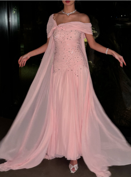 Pretty Pink Chiffon Beaded Mermaid Long Wedding Guest Dress Formal Evening Dress Birthday Dress SP1293