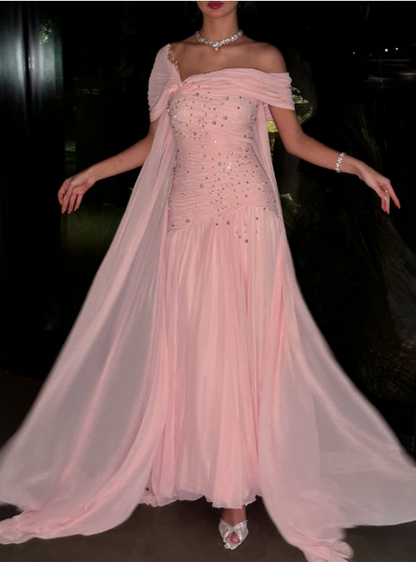 Pretty Pink Chiffon Beaded Mermaid Long Wedding Guest Dress Formal Evening Dress Birthday Dress SP1293