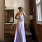 Lavender Satin Print Floral Long Party Gown,Spaghetti Straps Prom Evening Dress Y8100