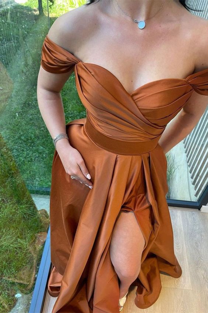 Burnt Orange Satin A-line Side Slit Long Evening Prom Dresses, Off Sho Simplepromdress Burnt Orange Satin A-line Side Slit Long Evening Prom Dresses, Off Sho Simplepromdress