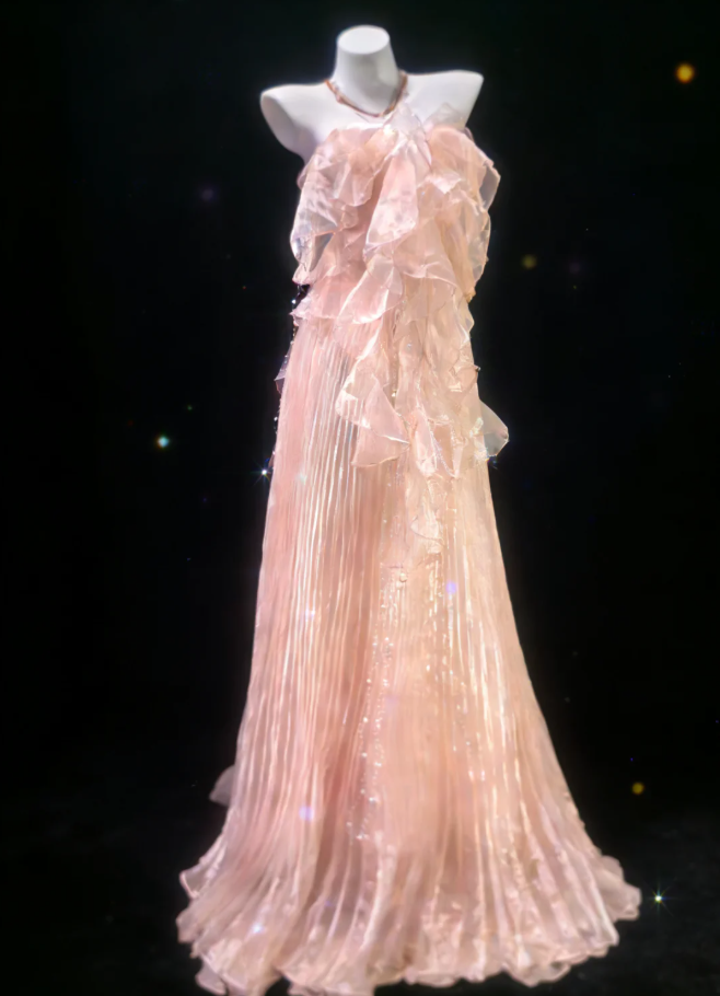 Classy Strapless Pink Tulle Pleated Ruffles Mermaid Long Prom Dress Party Dress Birthday Evening Dress SP1488