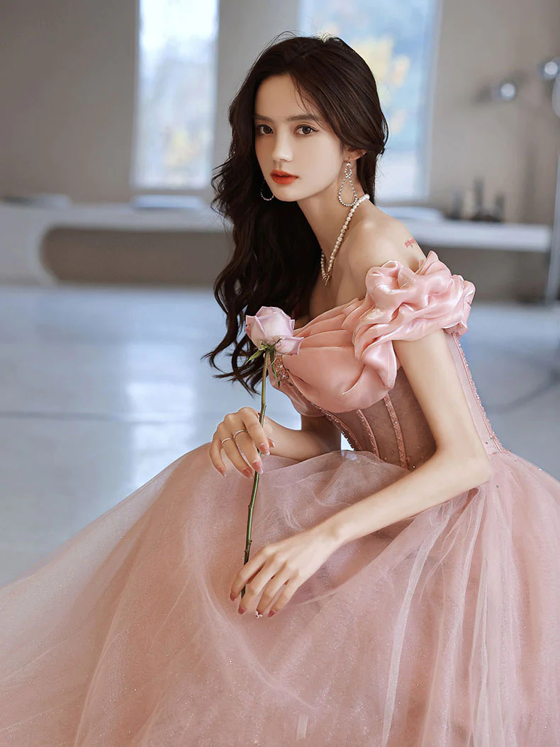 Pink Sweetheart Neck Tulle Beads Long Prom Dress, Pink Evening Dress,Y2406
