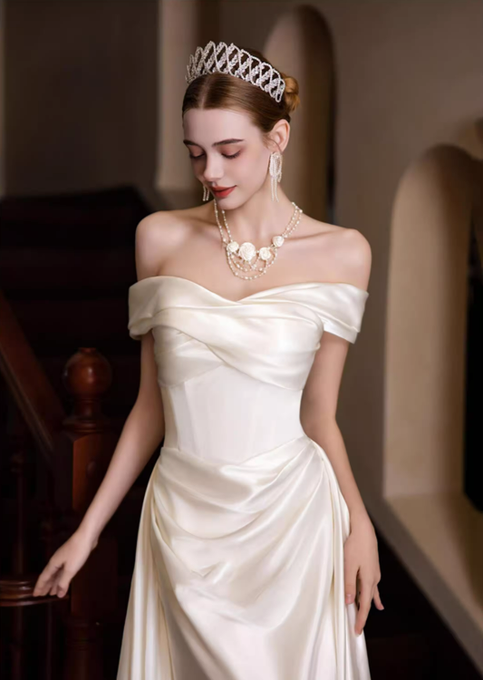 Pretty Off The Shoulder Satin Pleated Mermaid Long Wedding Dress SP2020