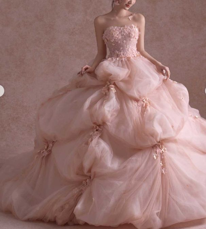 Pretty Pink Strapless Organza Appliques Long  Wedding Dress SP730