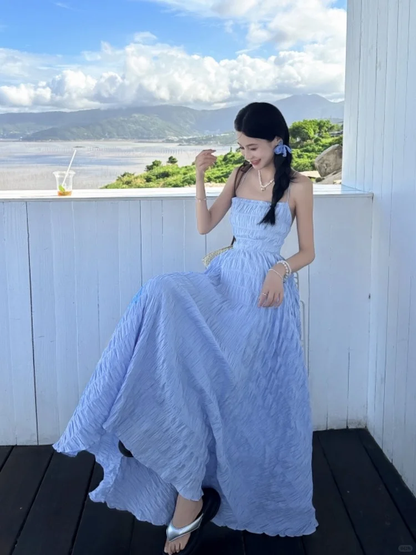 Pretty Spaghetti Straps Blue Tulle A Line Long Evening Dress Backless Long Wedding Guest Dress SP2294