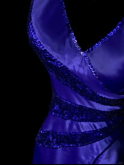 Elegant Halter V Neck Satin Sequin Mermaid Long Party Dress Blue Long Birthday Evening Dress SP4070