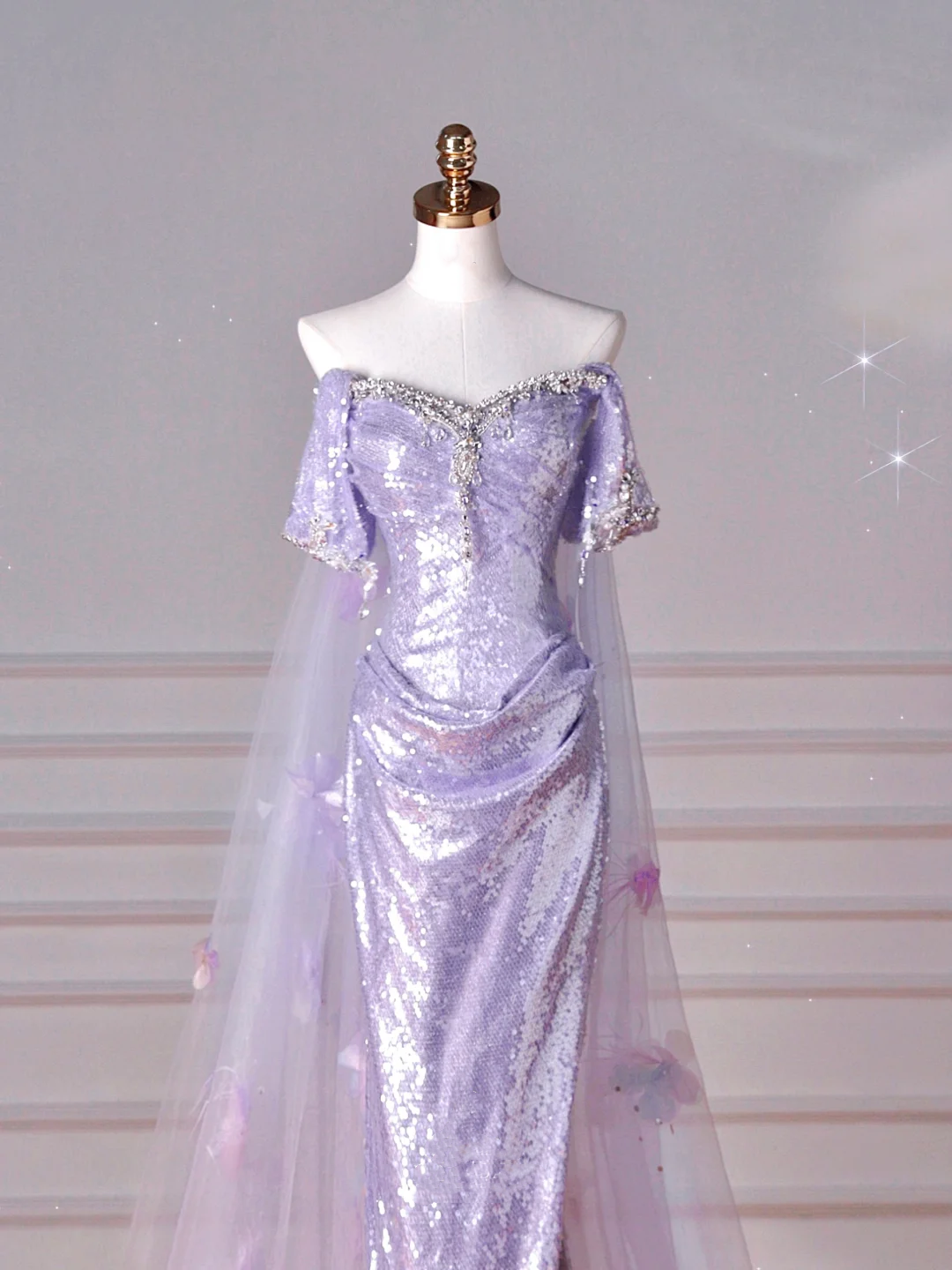 Glitter Lilac Sequin Tulle Beaded Mermaid Slit Evening Dress,Off The Shoulder Tulle Appliques Prom Dress Y8632