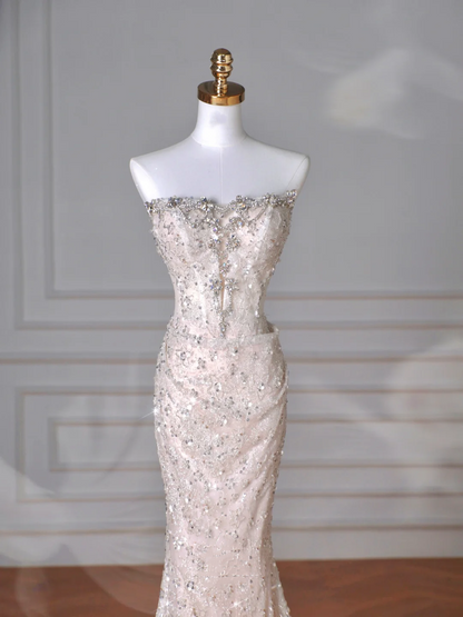 Sparkly Strapless Tulle Sequins Mermaid Prom Dress Long Evening Dress Y8616