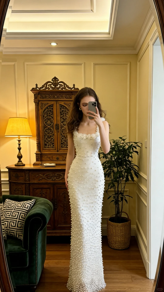 Glamorous Spaghetti Straps Tulle Pearls Beaded Mermaid Long Prom Dress White Birthday Party Gown SP2060