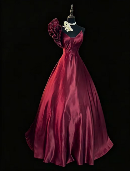Vintage One Shoulder Ball Gown Burgundy Satin Ruffles Long Party Dress SP2768