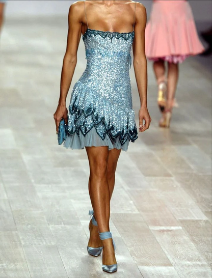 Vintage Spaghetti Straps Blue Sequin Short Cocktail Dress Homecoming Dress Formal 20th Birthday Outfits Y9943