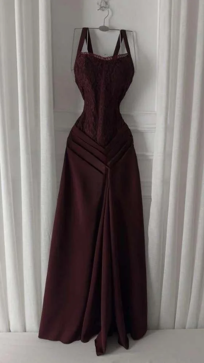 Charming Burgundy Spaghetti Straps Satin Pleated Mermaid Long Wedding Guest Dress Evening Dress SP1332