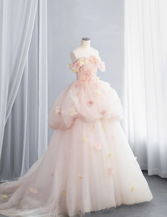 Sweet Off The Shoulder Ball Gown Light Pink Tulle Beaded Appliques Birthday Quinceanera Dress SP1518