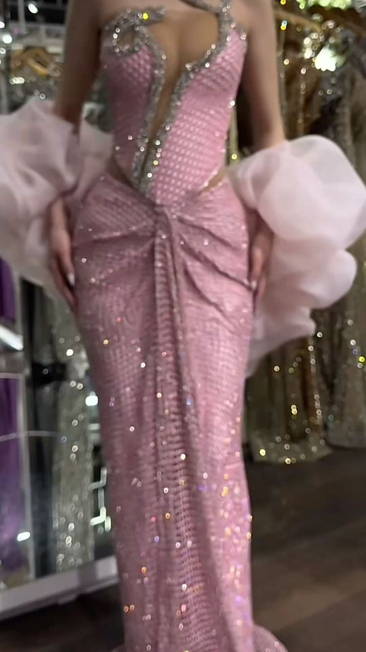 Luxurious Pink Sequin Beaded Mermaid Evening Dress Long Prom Gown SP739