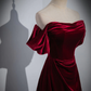 Wine Red Velvet Off Shoulder A-Line Long Party Dress, Wine Red Floor Length Prom Dress  Y5655