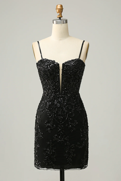 Sequins Spaghetti Straps Black Short Homecoming Dress Y3072