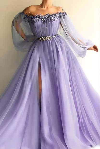 Gray Off The Shoulder Tulle Appliques Slit Prom Dress S23034