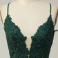 A Line Spaghetti Straps Dark Green Long Prom Dress with Criss Cross Back Y2003