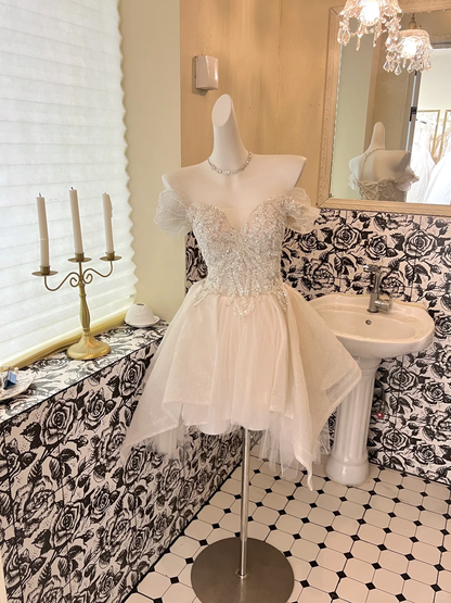 Classy Off The Shoulder White Organza Sequin A Line Short Homecoming Dress 18th Birthday Outfits Y9215