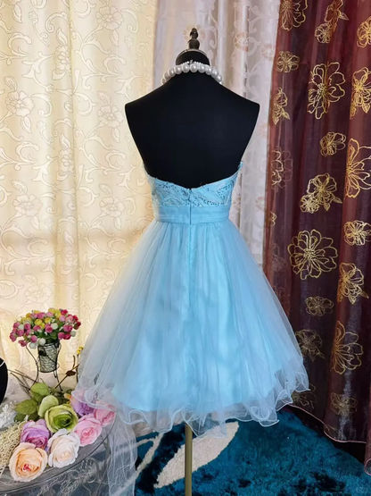 Elegant Strapless Blue Tulle Sequin Appliques A Line Short Homecoming Dress 19th Birthday Outfits SP80