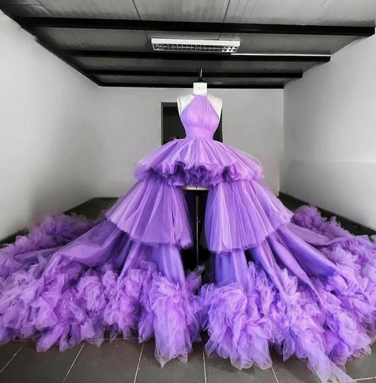 Elegant Halter Purple Tulle High Low Ball Gown Y5684