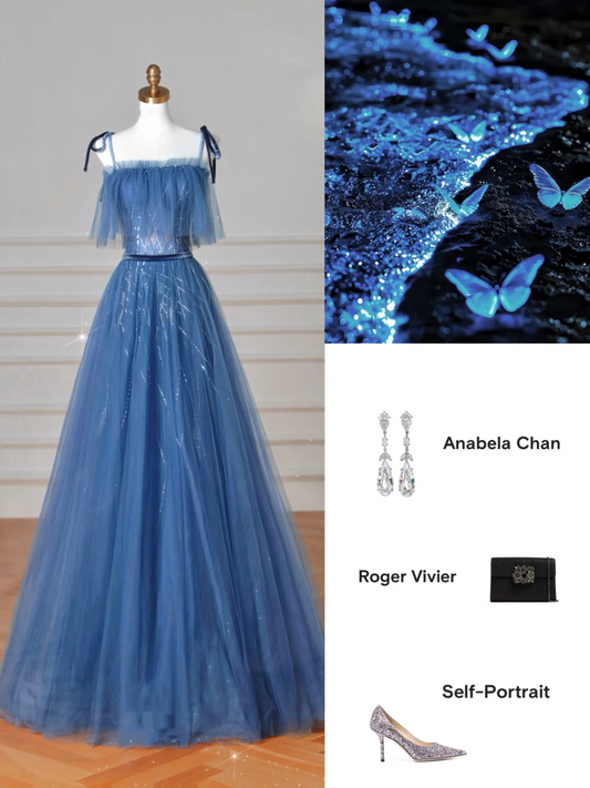 Pretty Blue Spaghetti Straps Tulle Sequins A Line Prom Dress Evening Dress Y8634