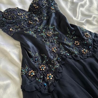 Vintage Navy Blue Satin Chiffon Beaded Graduation Homecoming Dress Mini Cocktail Dress Y9737