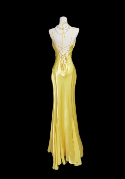 Sexy V Neck Yellow Satin Lace Mermaid Evening Dress Long Birthday Prom Gown SP565