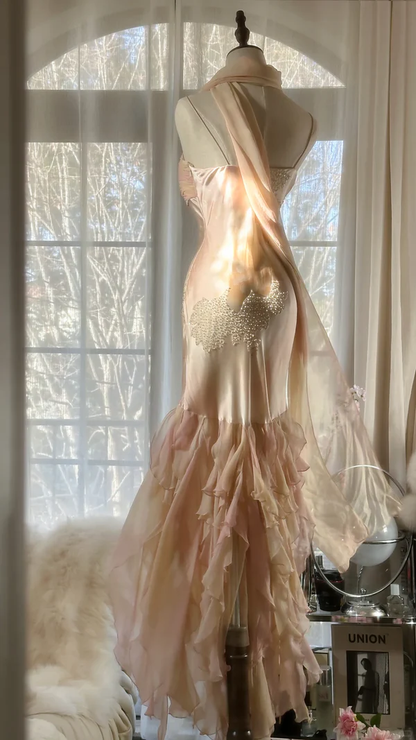 Sweet Mermaid Beaded Ruffles Long Prom Dress,Spaghetti Straps Chiffon Evening Dress Y8757