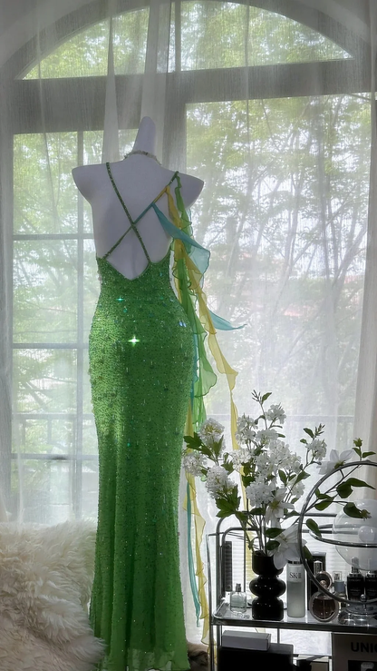 Gorgeous Spaghetti Straps Green Chiffon Sequins Evening Dress Backless Beaded Party Dress Y8708