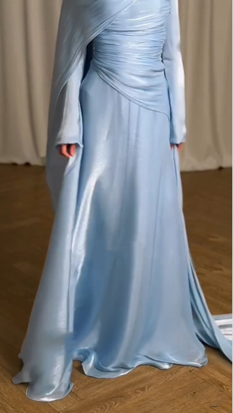 Elegant Blue Tulle Pleated Mermaid Long Party Dress Prom Gown Formal Wedding Guest Dress SP1312